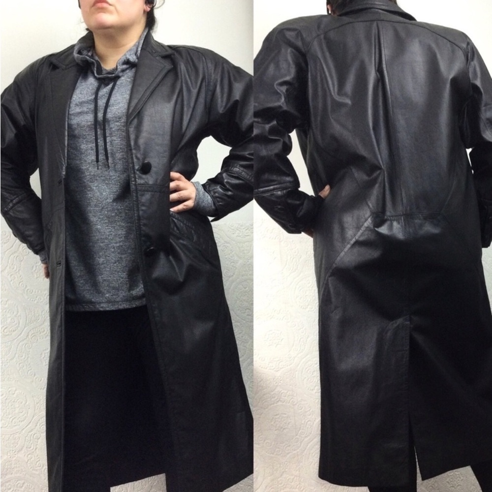 Vintage black leather trench coat duster jacket mens Medium Global Identity Glll